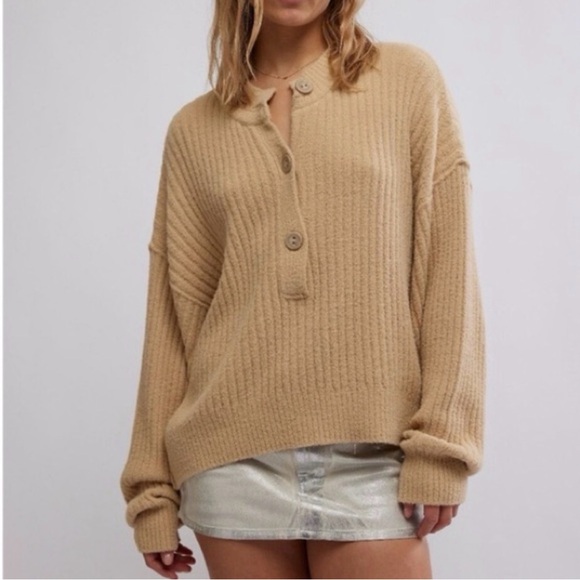 Free People Cream Ribbed Button Sweater - Picture 1 of 9